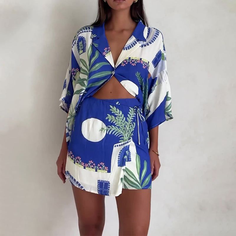 Chanel | Blau bedrucktes zweiteiliges Set