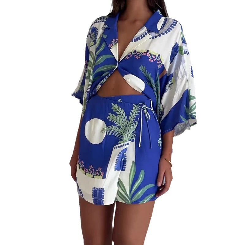 Chanel | Blau bedrucktes zweiteiliges Set