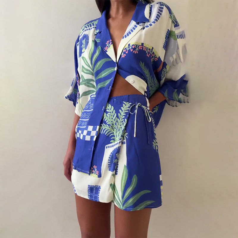 Chanel | Blau bedrucktes zweiteiliges Set