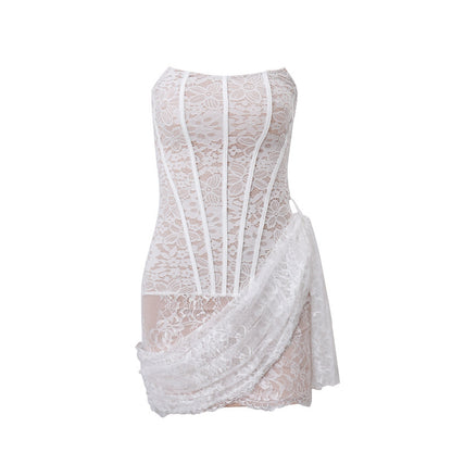 Kiara | White lace corset draped mini dress